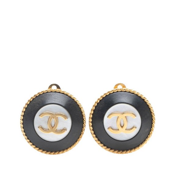 CHANEL Vintage Black Logo Earrings - Picture 1 of 4